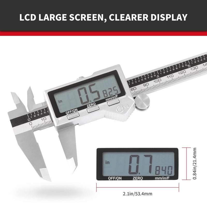 UNIPEC 8 Inch/ 200mm IP54 Grade Stainless Steel Digital Caliper & Stainless Steel Rule, Inch/Millimeter/Fraction Conversion, Large LCD Screen - Image 3